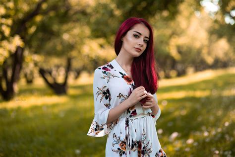Wallpaper Model Redhead Dyed Hair Portrait Looking At Viewer Grass Trees Depth Of Field