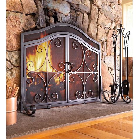 Large Crest Fireplace Screen With Doors Black One Size