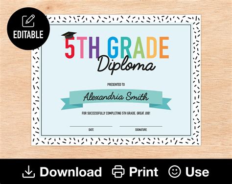 Editable 5th Grade Diploma Printable Certificate For Class Etsy