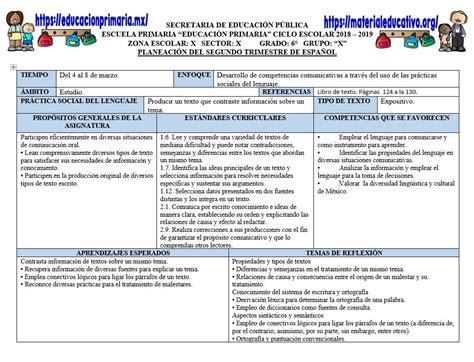 Planeación Del Sexto Grado Del Mes De Marzo Para El Segundo Trimestre