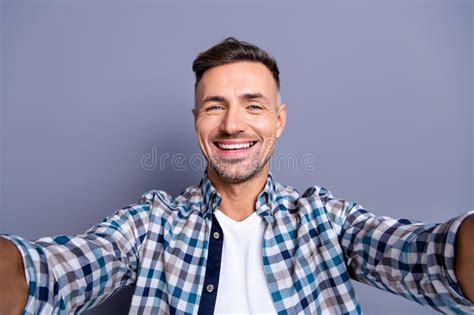Self Portrait Of His He Nice Attractive Cheerful Cheery Bearded Grey Haired Guy Wearing Checked