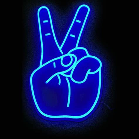 A Neon Blue Peace Sign With The Letter V In Its Middle And Two Fingers Up