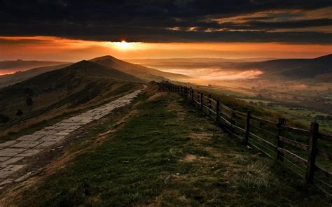 Nature Sunrise Mist Mountain Sky Clouds Fence Grass Walkway