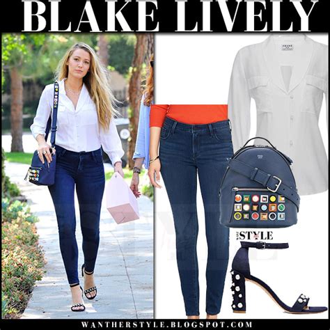 Blake Lively In White Shirt Skinny Jeans And Embellished Blue Sandals