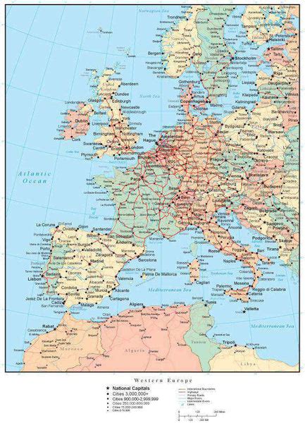 Western Europe Map With Countries Cities And Roads Map Resources