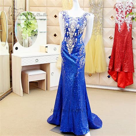 Luxury Royal Blue Evening Dress Crystals Rhinestones Mermaid Sequined Prom Dresses Sparky