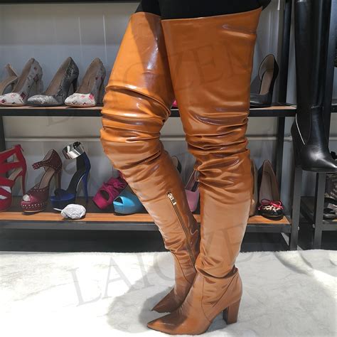 Laigzem Fashion Women Thigh High Boots Chunky Thick Heels Pointy Toe