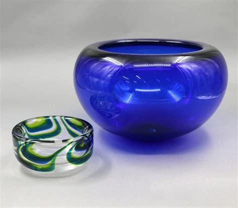 mid century blue art glass bowl and signed kosta boda scandinavian named designers glass