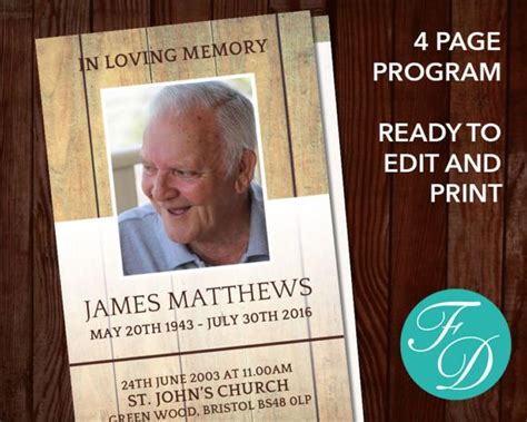 Funeral Program Template For Men Obituary Template Etsy Funeral