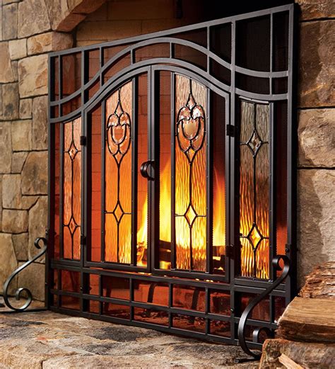 Two Door Fireplace Screen With Glass Floral Panels All Fireplace Screens Fireplace Screens