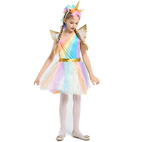 Girls Unicorn Costume Rainbow Dress With Wing Headband For Halloween