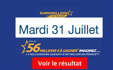 Vous trouverez ici les résultats et les rapports de l'euromillion depuis la création du jeu par fdj. Résultat Euromillions, My Million (FDJ) tirage du Mardi 31 Juillet 2018 En Ligne