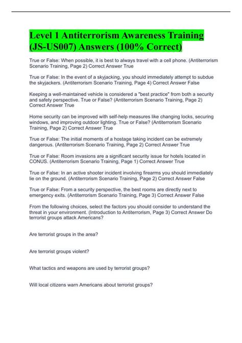 Level 1 Antiterrorism Awareness Training (JS-US007) Answers (100%