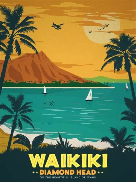 diamond head waikiki oahu hawaii travel posters vintage travel posters retro travel poster