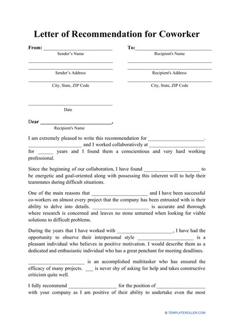 Letter Of Recommendation For Coworker Template Download Printable Pdf Templateroller