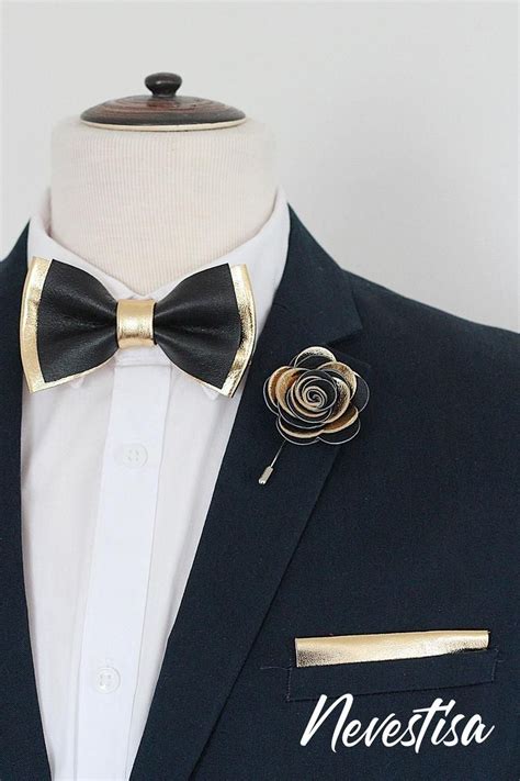 Black And Gold Mens Leather Bow Tie For Men Gold Wedding Bow Etsy