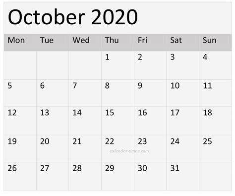 October 2020 Calendar Printable Monthly And Weekly Template