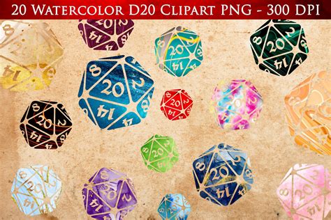 D20 Watercolor Clipart Rpg Dice Png 20 Polyhedral Dices Clipart Rpg