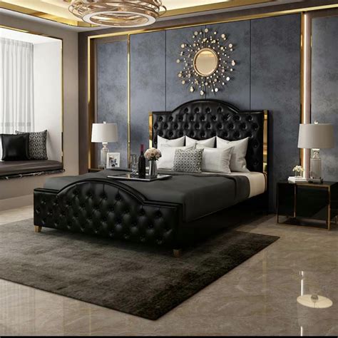 Modern Bedroom Set Luxury Italian Design Tufted Royal King Size Black Genuine Leather