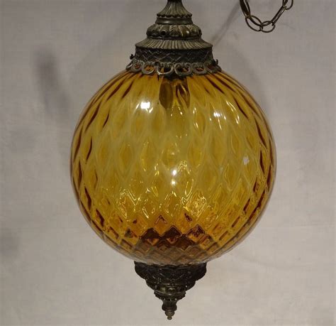 Details About Vintage 1970s Amber Glass Hanging Lightswag Lamp Globe W