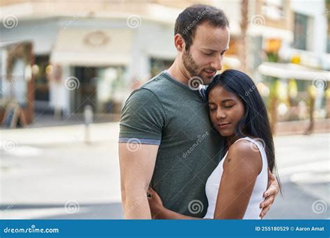 Man And Woman Interracial Couple Hugging Each Other At Street Stock Image Image Of Smile
