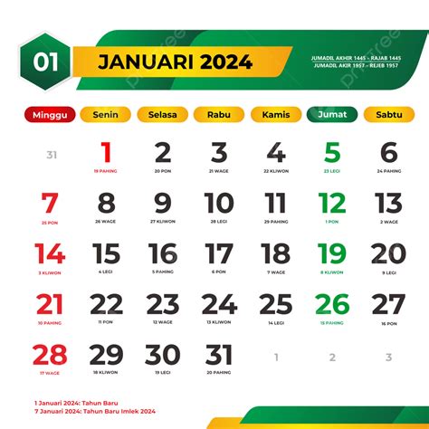 Kalender Januari Lengkap Dengan Tanggal Merah Hari Libur Dengan Jawa Dan Hijriyah Vektor
