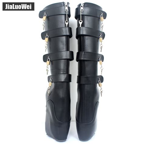 Fetish Ballet Boots 18cm Super High Heel Sexy Wedge Hoof Heelless Platform Shoes Lockable Knee