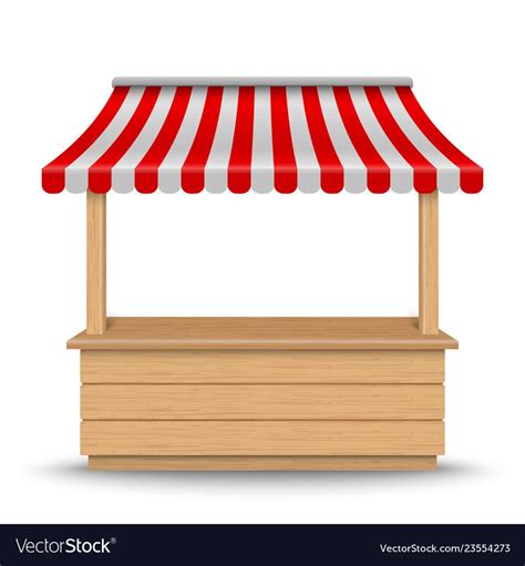 Wooden Market Stand Stall With Red And White Striped Awning Isolated On