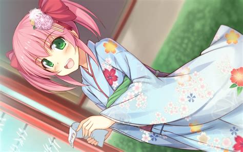 Wallpaper Wallpaper Anime Girl Kimono Pink Hair Smiling Twintails