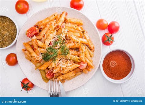Delicious Penne Pasta On Wood White Table Stock Image Image Of Meat