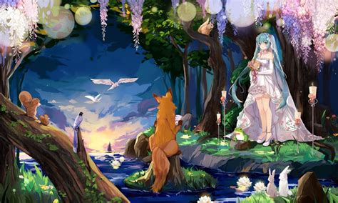 Wallpaper Hatsune Miku Wedding Dress Forest Animals Vocaloid