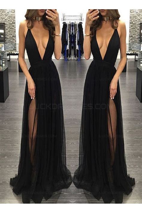 Sexy Low V Neck Long Black Prom Dresses Party Evening Gowns