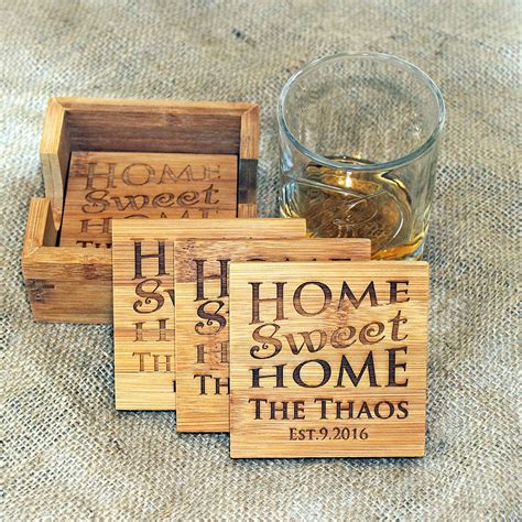 Personalized Coasters Home Sweet Home Engraved Bamboo Engraved Wood