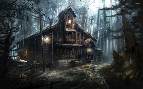 Creepy Wooden House In The Forest Wallpaper Digital Art Wallpapers