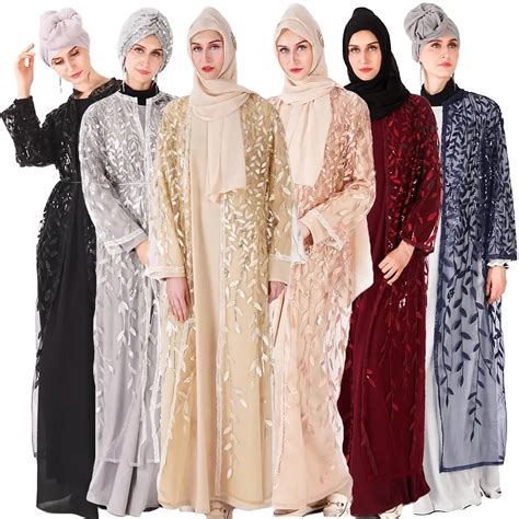 Women Embroidery Lace Open Cardigan Muslim Maxi Abaya Sequins Glitter