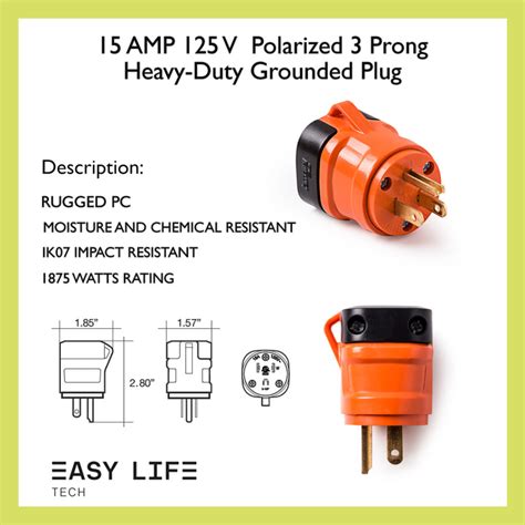 15 Amp 125v Polarized 3 Prong Heavy Duty Grounded Plug Replacement