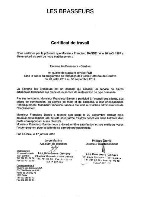 Certificat De Travail Taverne Des Brasseurs Cornavin