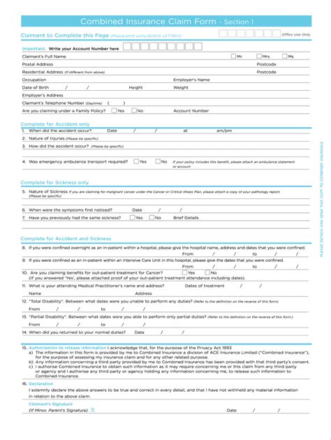 Combined Insurance Claim Forms Printable