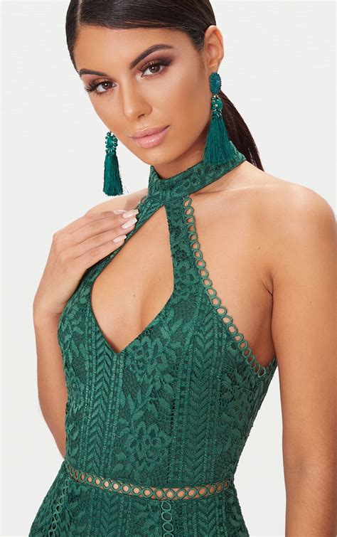 Emerald Green Lace Cut Out Frill Detail Midi Dress Prettylittlething Ca
