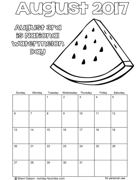 Printable August 2017 Calendars Holiday Favorites