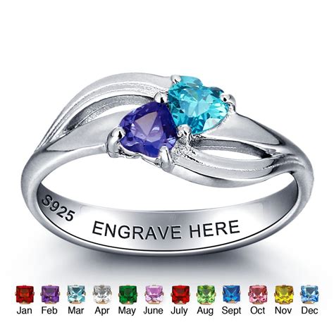 Personalized 925 Sterling Silver Birthstone Ring Heart Mother Rings