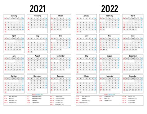 Printable 2021 and 2022 Calendar Two Year (12 Templates)