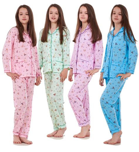 Kids New Girls Pyjamas Teddy Print Long Sleeve Pocket Soft Nightwear