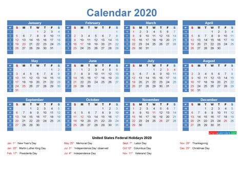 Free Printable Yearly 2020 Calendar With Holidays As Word Pdf