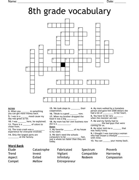 8th Grade Vocabulary Crossword Puzzle Wordmint