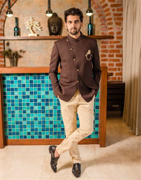 One Piece Jodhpuri Suit In Silk With Gold Buttons In Brown