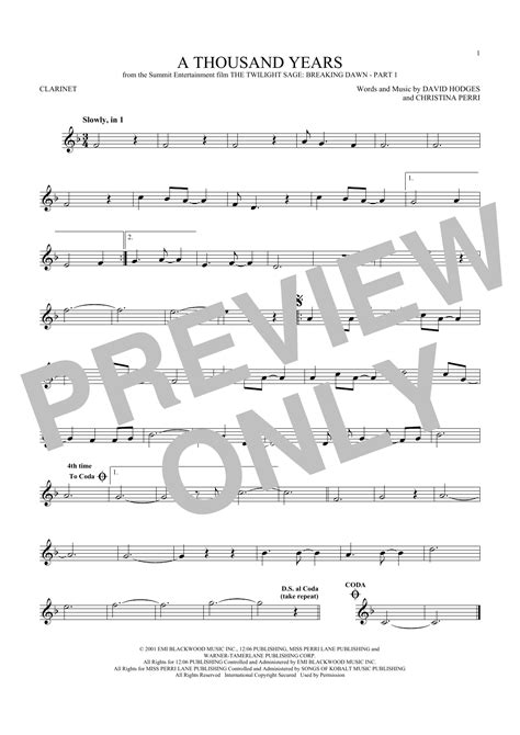 A Thousand Years Sheet Music Christina Perri Clarinet Solo
