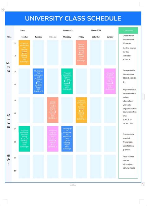 Word Of University Class Schedule Wps Free Templates