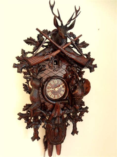 Cuckoo Clock Black Forest 8 Day German Wood Hunter Carved Mechanical