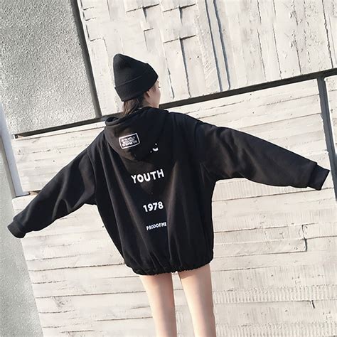 Spring Cute Hoodies Women Japanese Streetwear Sweatshirt Women Black Letter Long Sleeve Hoodie